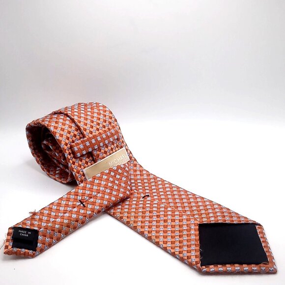 Michael Kors Men's Tie Orange Blue Checkered 100% Silk Tie 59" Length - Picture 5 of 11